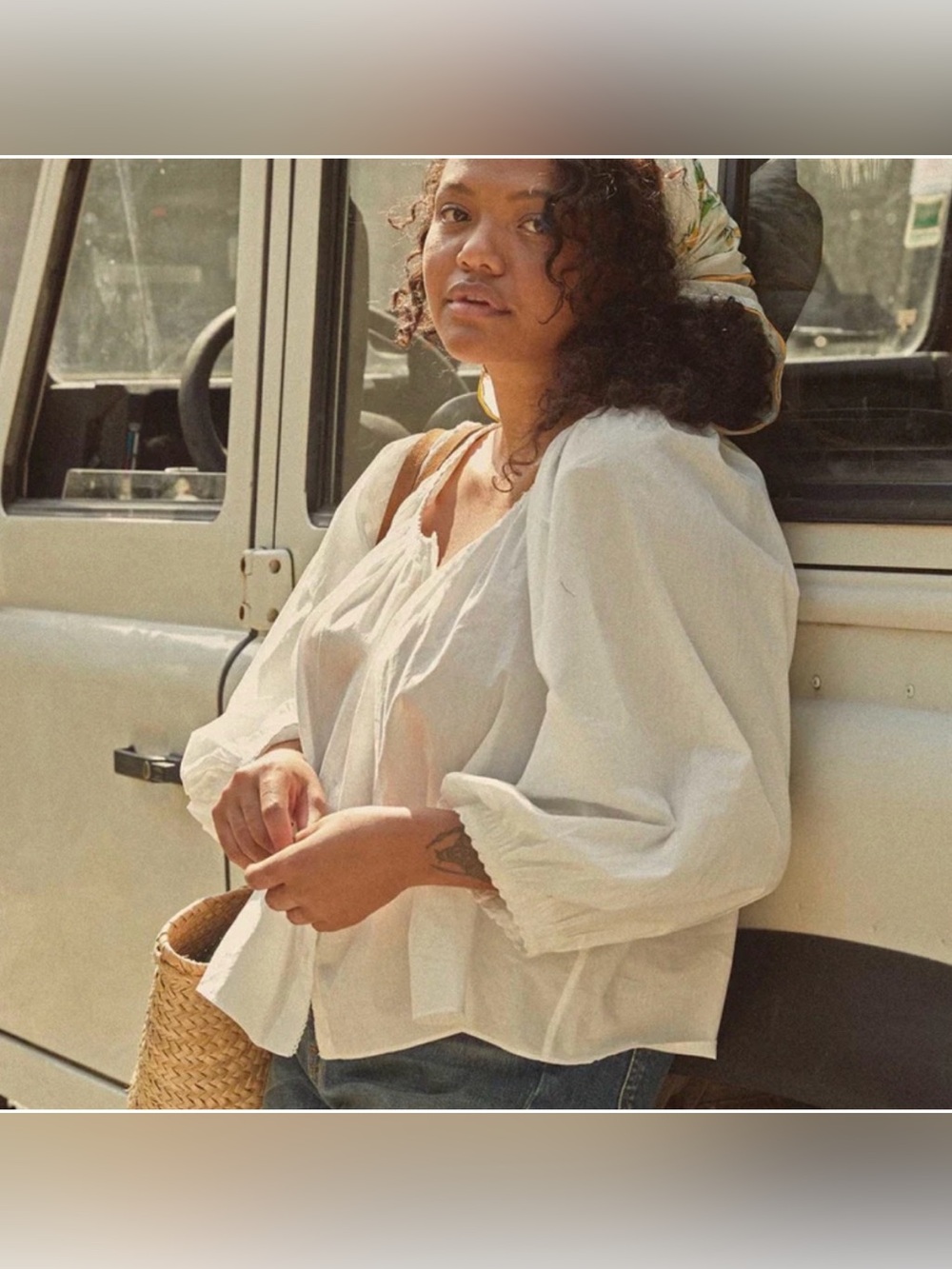 Doen Cream Button-Down Peasant Blouse